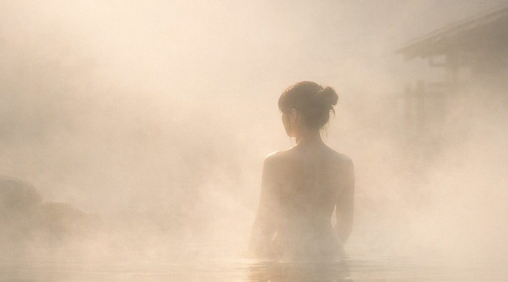 湯けむりに包まれた日本の露天風呂で静かに立つ女性のシルエット