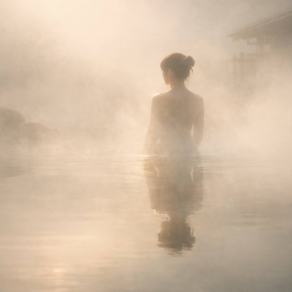 湯けむりに包まれた日本の露天風呂で静かに立つ女性のシルエット