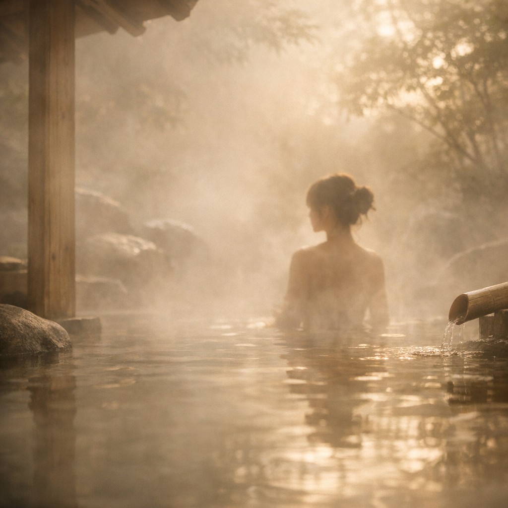 湯けむりに包まれた日本の露天風呂で静かに佇む女性のシルエット