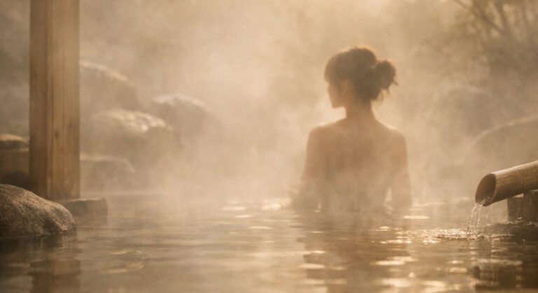 湯けむりに包まれた日本の露天風呂で静かに佇む女性のシルエット