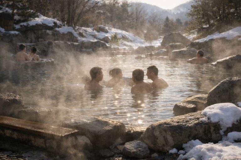 冬の混浴露天風呂で談笑する常連の温泉仲間