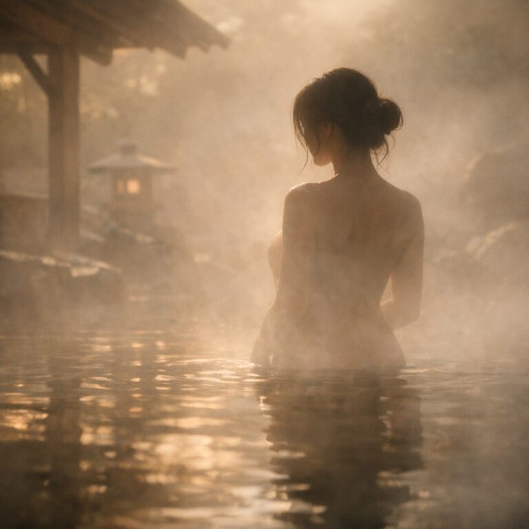 湯気に包まれた日本の露天温泉で静かに湯に浸かる女性の後ろ姿