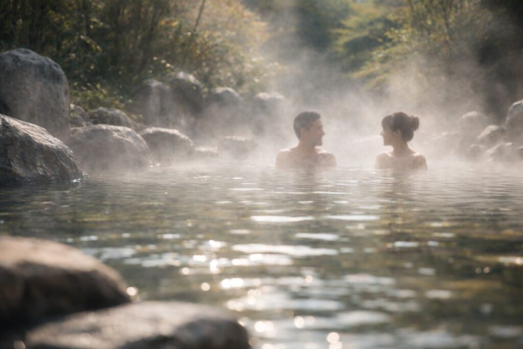 混浴露天風呂で自然に談笑する男女の様子