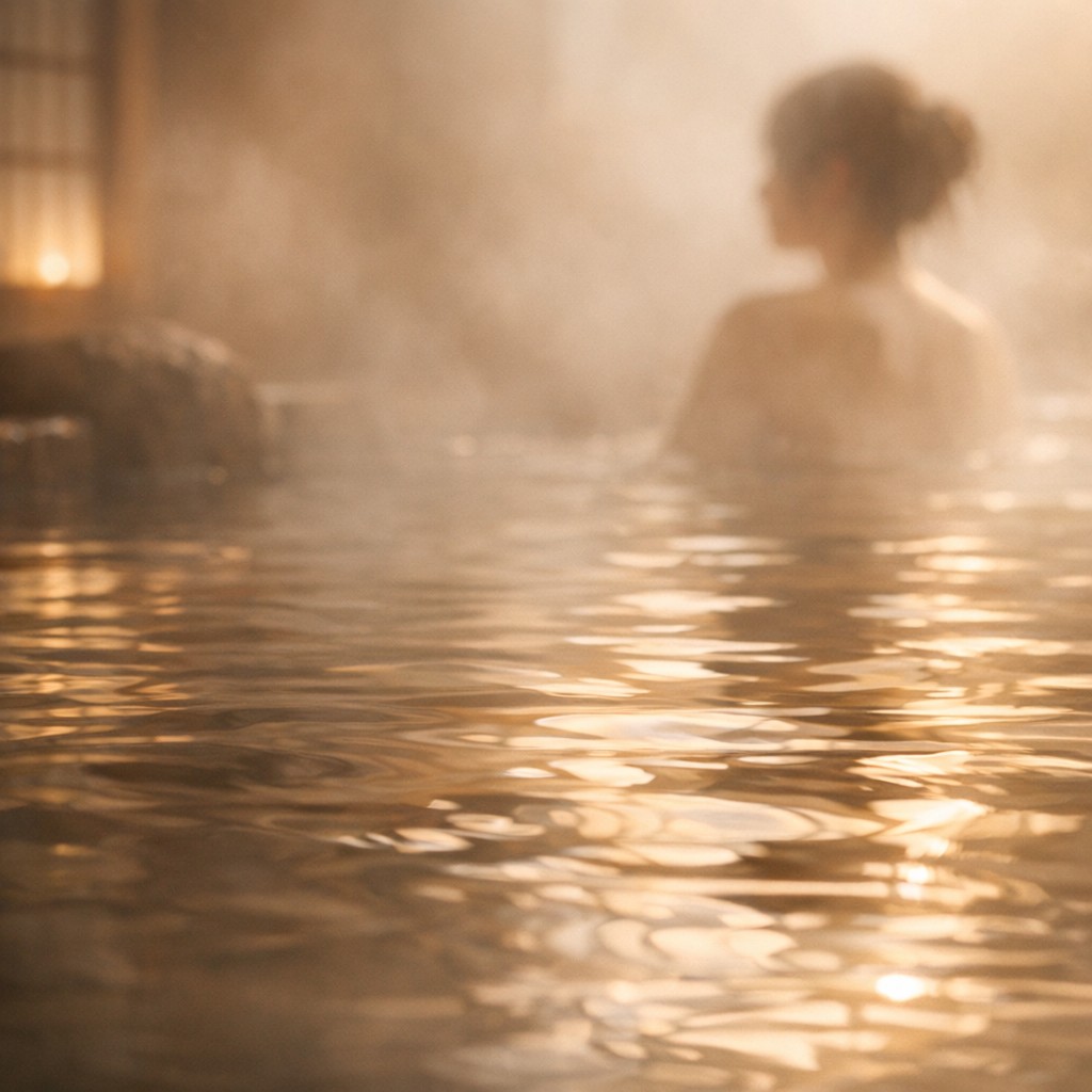 湯気の立つ温泉の水面と遠くに見える女性のシルエット