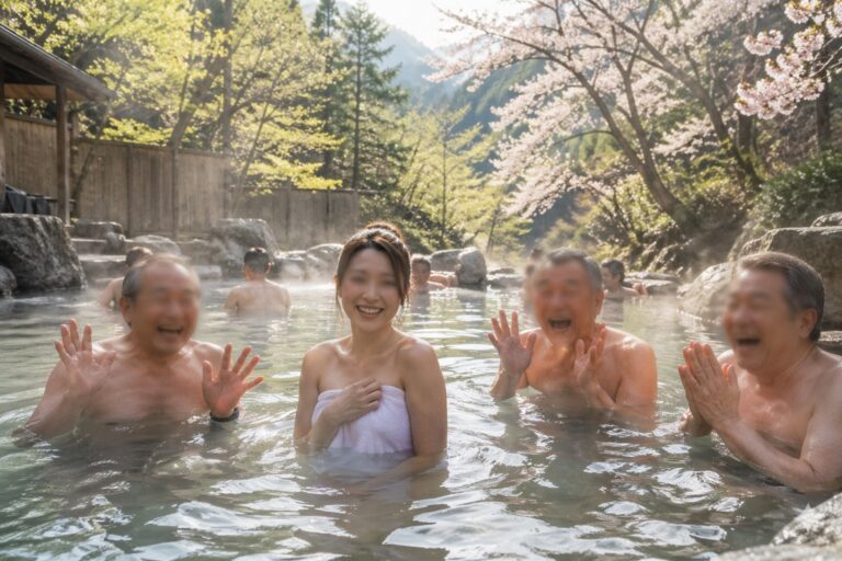 春の露天混浴温泉で、タオルを巻いた女性と、笑顔で喜ぶ年配の男性たち。湯気と新緑に包まれた、やわらかく穏やかな空気。