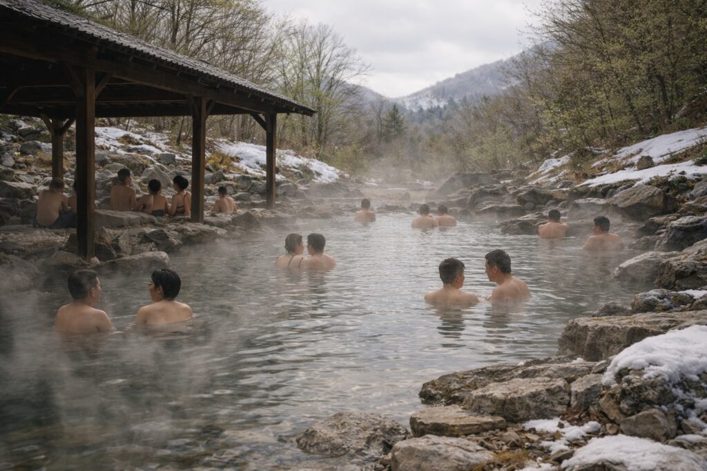 春の混浴露天風呂に入る人たち。カップルや一人客が距離を取りながら同じ湯に浸かっている風景。