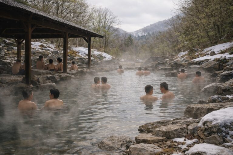 春の混浴露天風呂に入る人たち。カップルや一人客が距離を取りながら同じ湯に浸かっている風景。