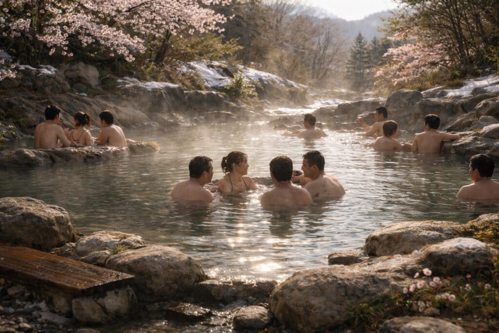 春の混浴温泉で人々が静かに過ごす風景