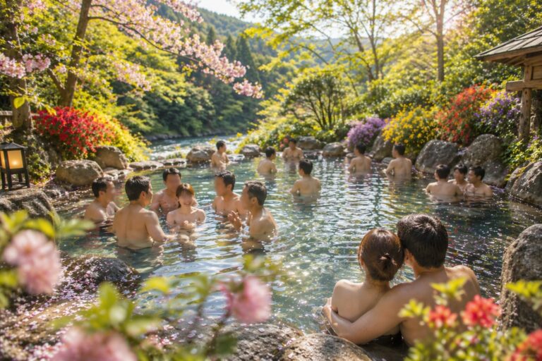 春の露天混浴温泉で、初めて参加した女性が自然に場に溶け込み、穏やかな空気の中で過ごしている様子