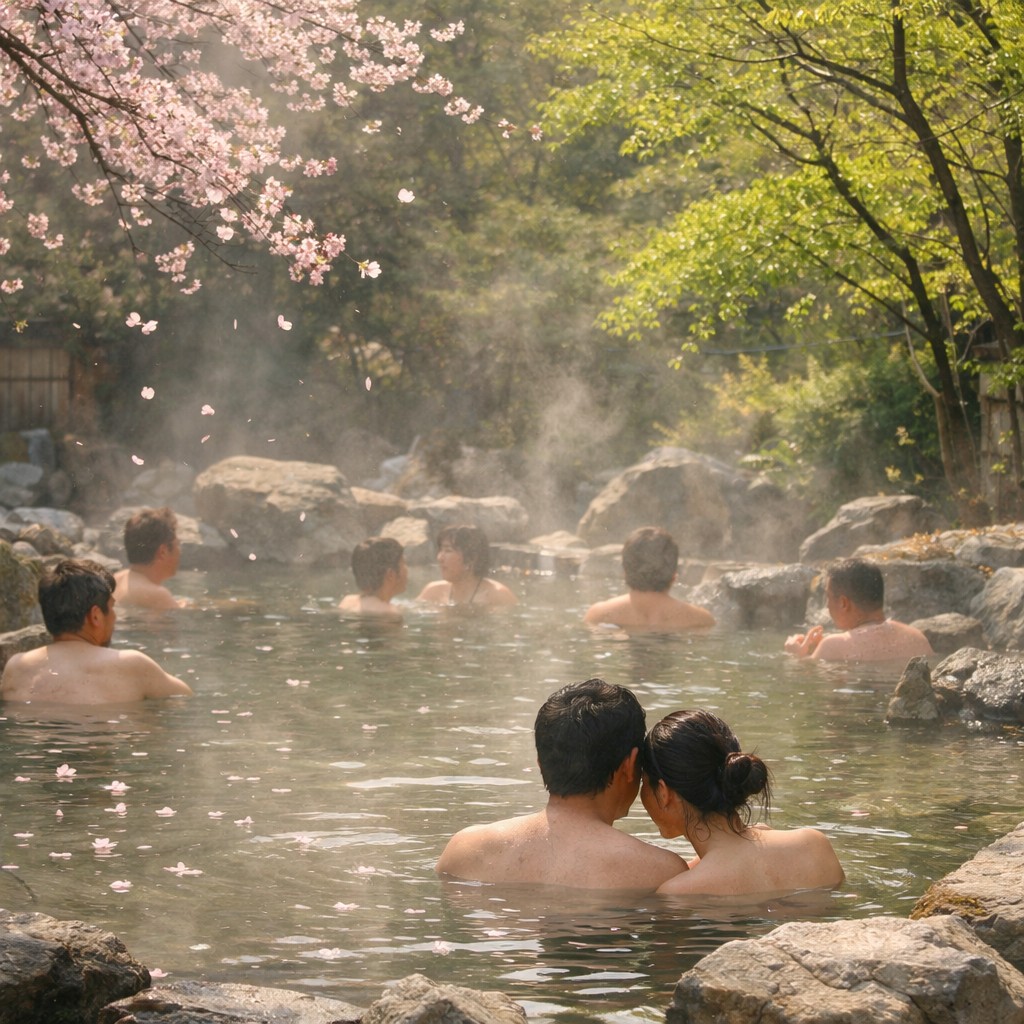 春の屋外混浴温泉。桜の花びらが湯に舞い、新緑の木々に囲まれた中で、数組の人たちが静かに湯に浸かっている穏やかな光景。