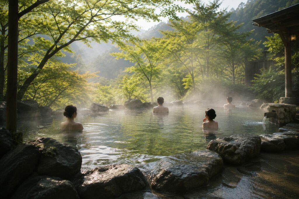 新緑に囲まれた静かな混浴露天風呂で、数人が距離を保ちながら静かに湯に浸かっている様子