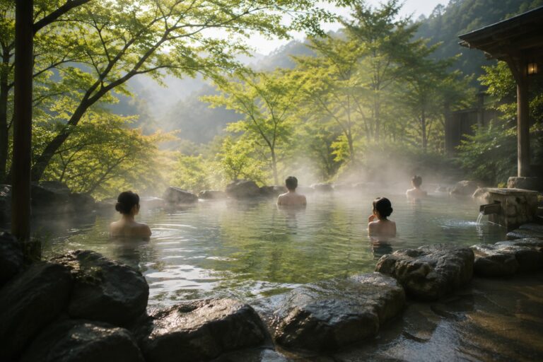 新緑に囲まれた静かな混浴露天風呂で、数人が距離を保ちながら静かに湯に浸かっている様子
