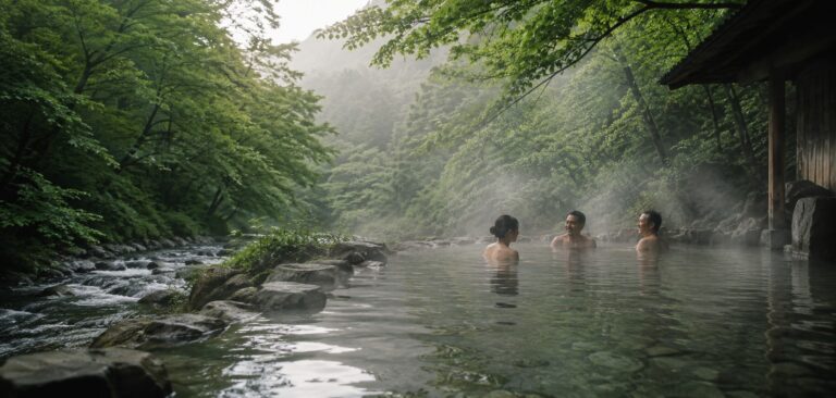 初夏の山奥の静かな露天風呂で男女3人が談笑している
