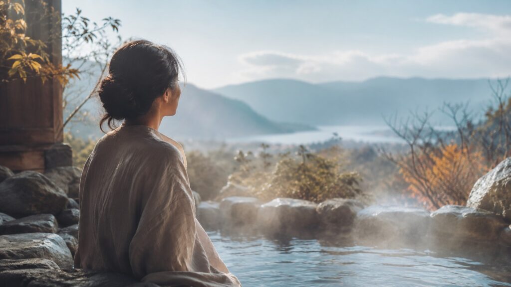 朝のやわらかな光と霧に包まれた静かな温泉で、ひとりの女性が遠くを見つめている。活動を続けるために一度立ち止まり、自分の内側と向き合う時間を表した、穏やかで内省的な雰囲気の画像。