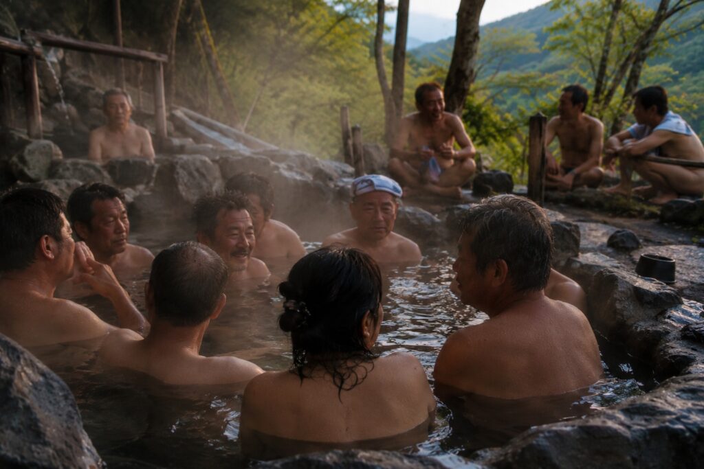 群馬の山奥の小さな混浴露天風呂で、40〜60代の男女が静かに湯に浸かりながら自然に会話している様子。裸よりも人柄や空気感が伝わる穏やかな混浴風景。
